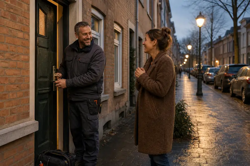 Locksmith opening a front door for a homeowner in Belgium